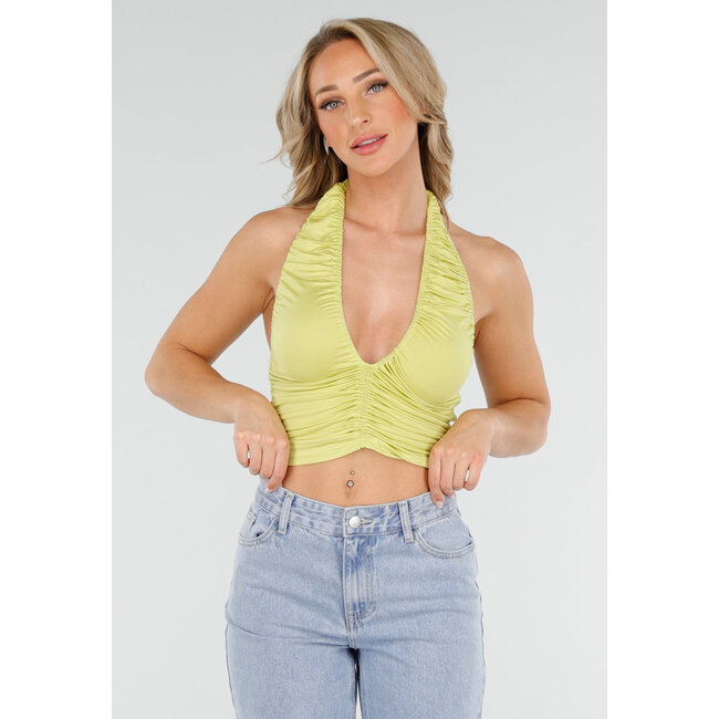 Olivgrünes Neckholder-Top mit Falten, offenem Rücken und Stretch