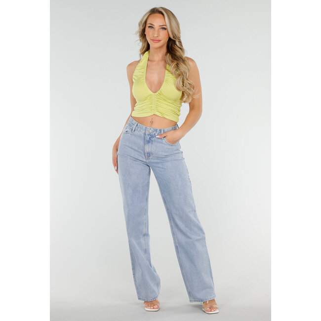 Olivgrünes Neckholder-Top mit Falten, offenem Rücken und Stretch