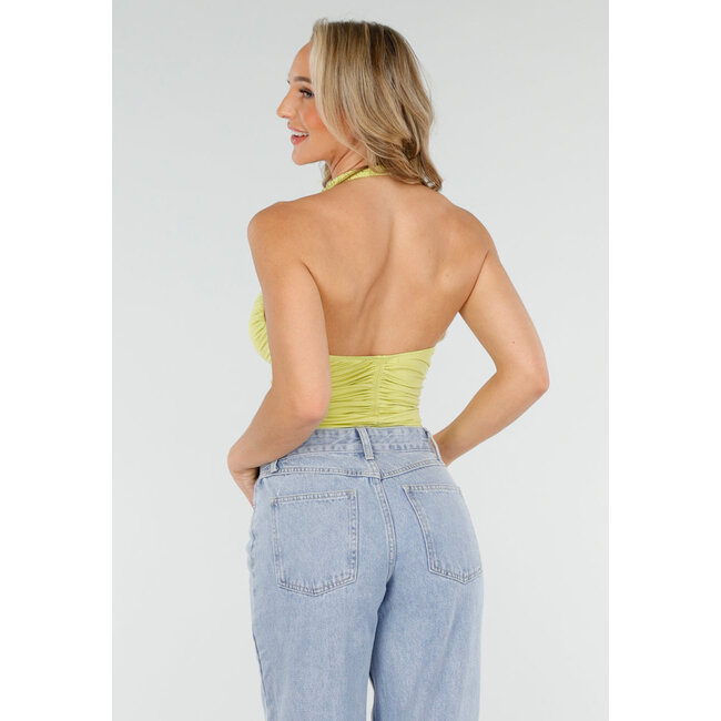 Olivgrünes Neckholder-Top mit Falten, offenem Rücken und Stretch