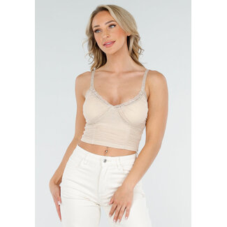 Beigefarbenes Mesh-Crop-Top mit Spitze