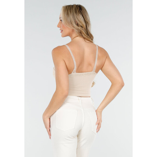 Beigefarbenes Mesh-Crop-Top mit Spitze, V-Ausschnitt und Pads