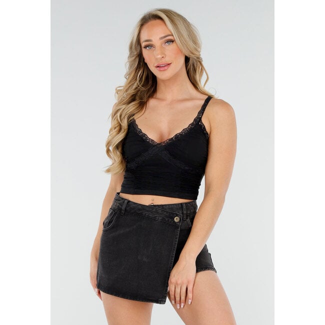 Schwarzes Mesh-Crop-Top mit Spitze, V-Ausschnitt und Pads