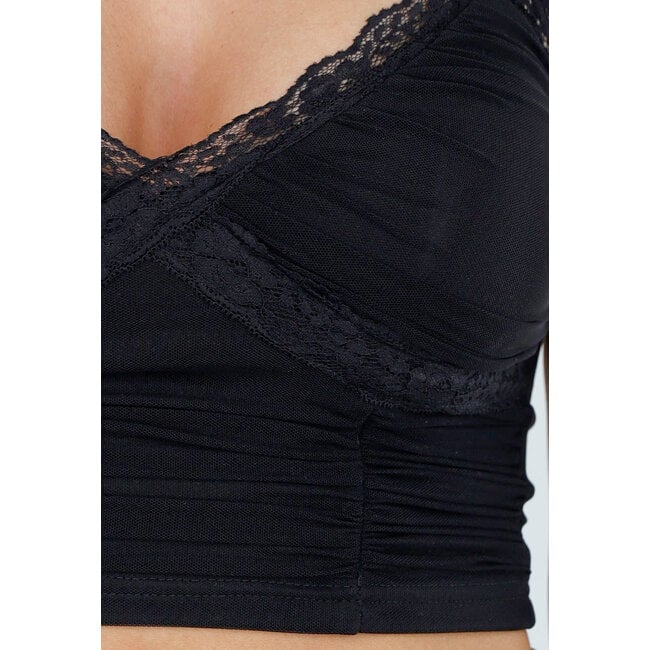Schwarzes Mesh-Crop-Top mit Spitze, V-Ausschnitt und Pads
