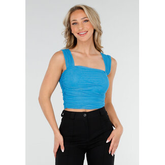 Blaues Mesh-Top mit Drapierungseffekt