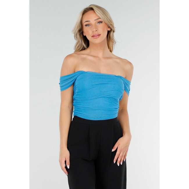 Blaues schulterfreies Mesh-Top mit Stretch- und Drapierungseffekt