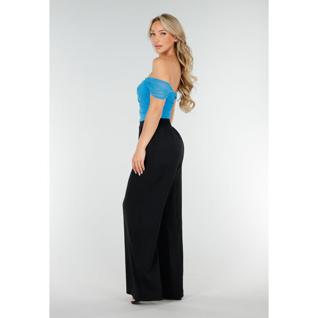 Blaues schulterfreies Mesh-Top mit Stretch- und Drapierungseffekt