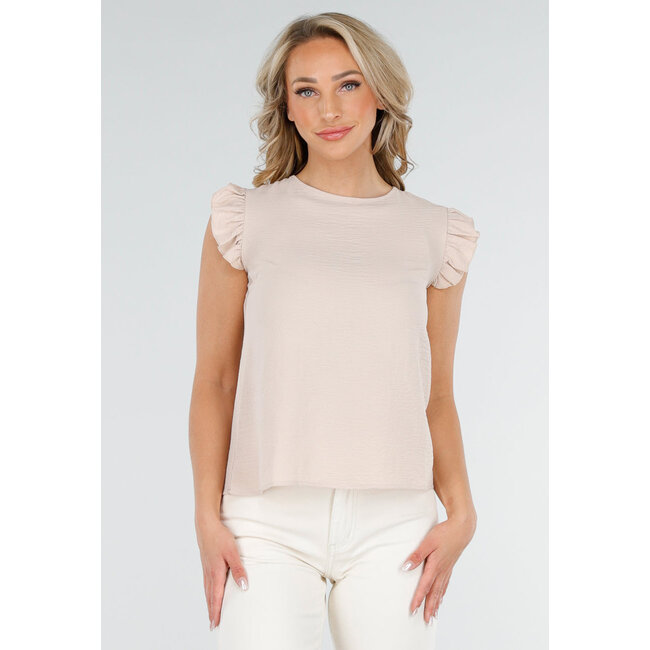 Beigefarbenes ärmelloses Top mit Volants an den Schultern und Schleife