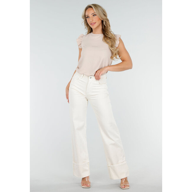 Beigefarbenes ärmelloses Top mit Volants an den Schultern und Schleife