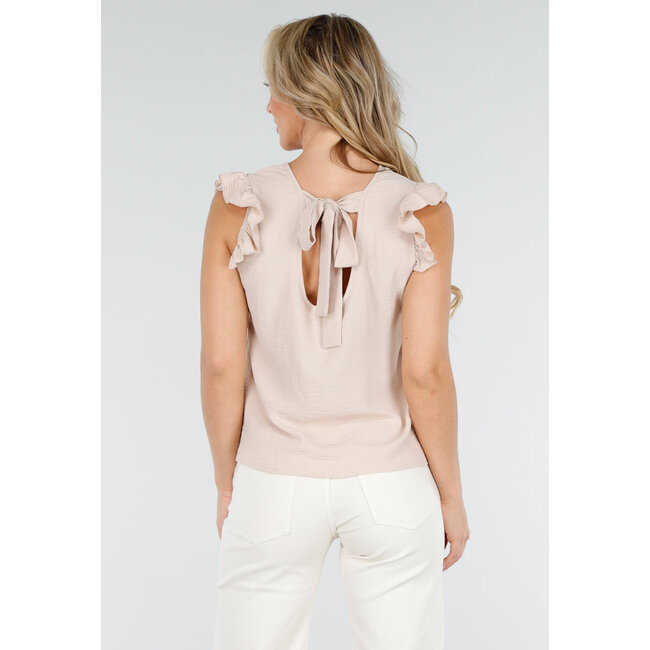 Beigefarbenes ärmelloses Top mit Volants an den Schultern und Schleife