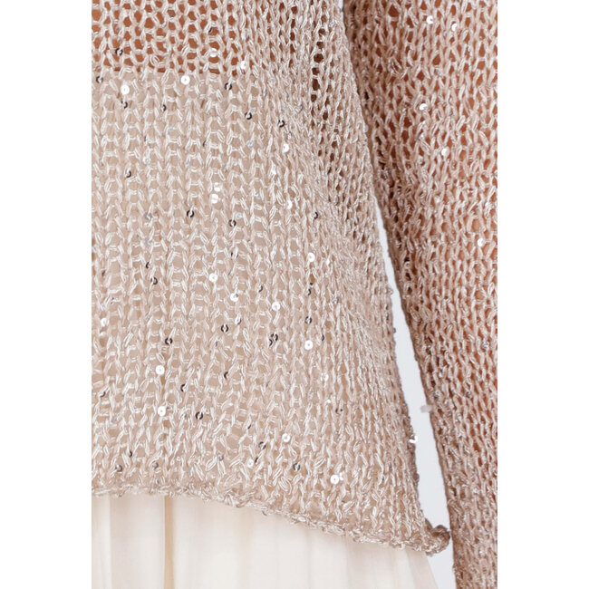 Beigefarbener Strickpullover mit Pailletten
