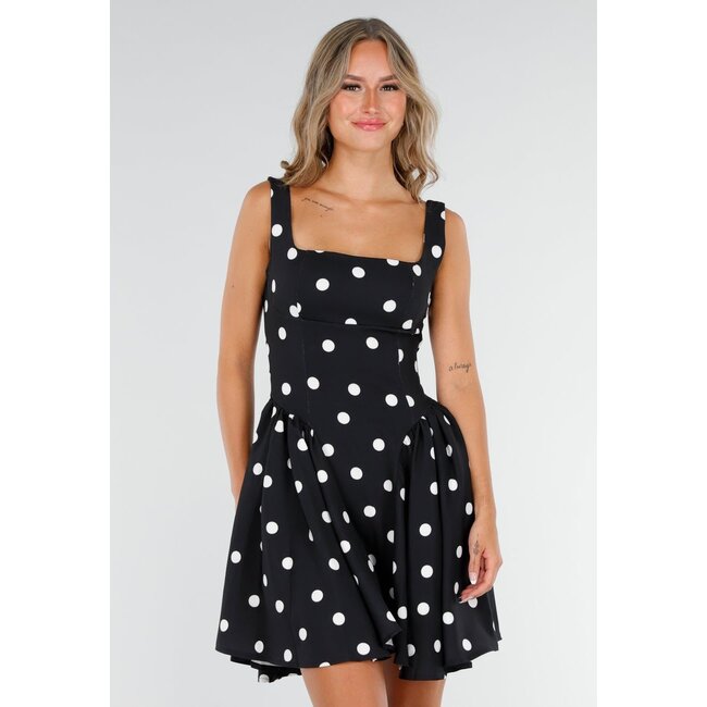Schwarzes Retro-Pünktchenkleid mit Stretch und Schleife
