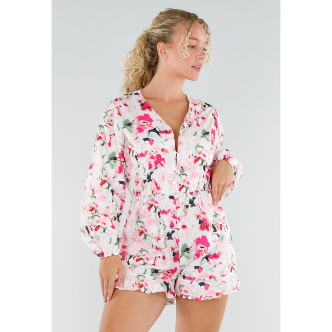 Weißer geblümter Playsuit mit langen Puffärmeln
