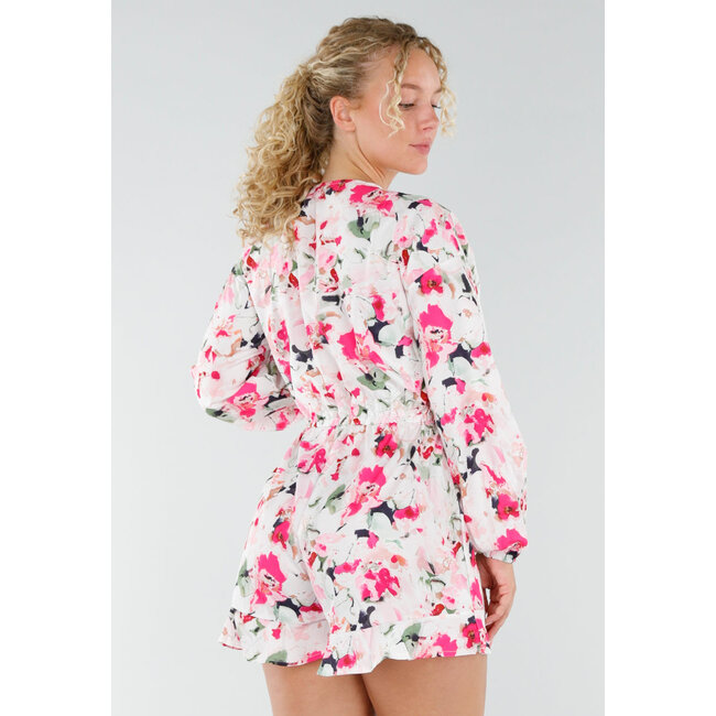 Weißer geblümter Playsuit mit langen Puffärmeln