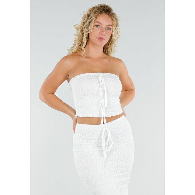 Weißes 2-teiliges Maxi-Set mit Stretch und Häkeloptik