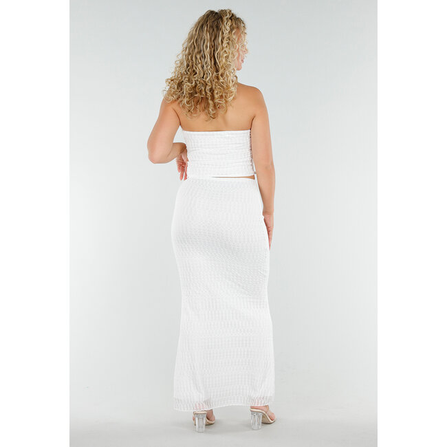 Weißes 2-teiliges Maxi-Set mit Stretch und Häkeloptik
