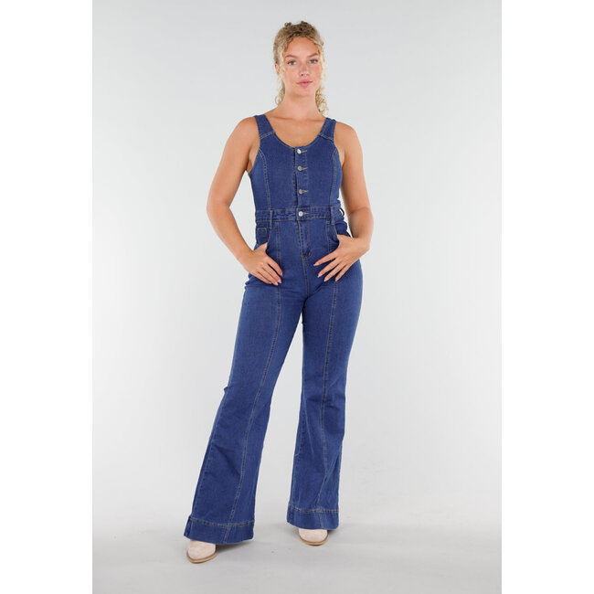 Blauer ärmelloser Denim-Jumpsuit ausgestellt Stretch