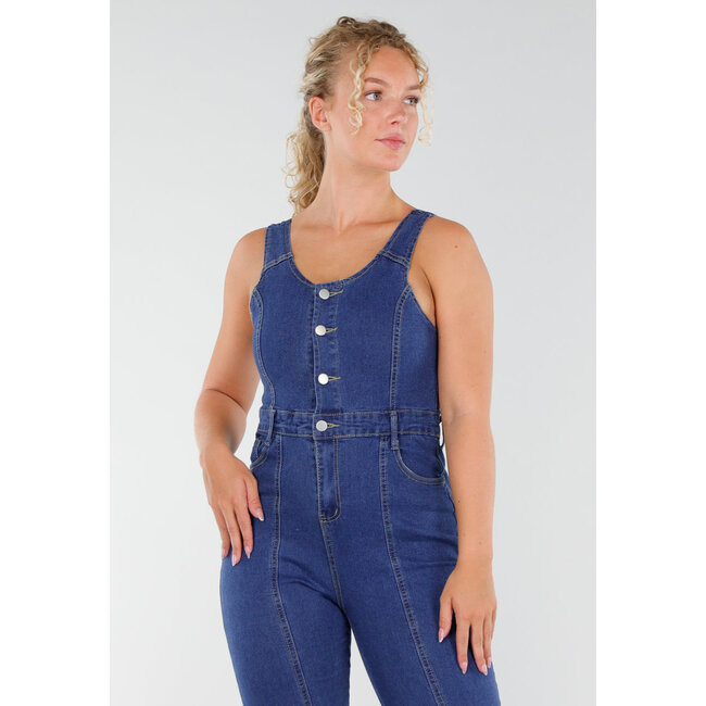 Blauer ärmelloser Denim-Jumpsuit ausgestellt Stretch