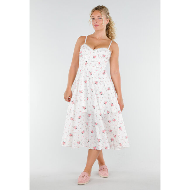 Weißes Midikleid mit Blumendruck und Korsettverzierung