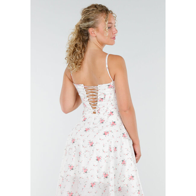 Weißes Midikleid mit Blumendruck und Korsettverzierung