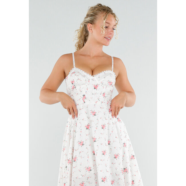 Weißes Midikleid mit Blumendruck und Korsettverzierung