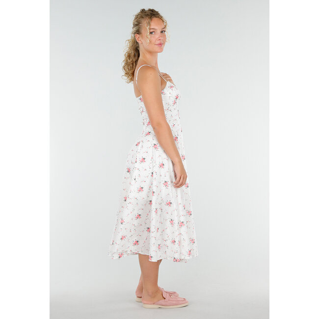 Weißes Midikleid mit Blumendruck und Korsettverzierung