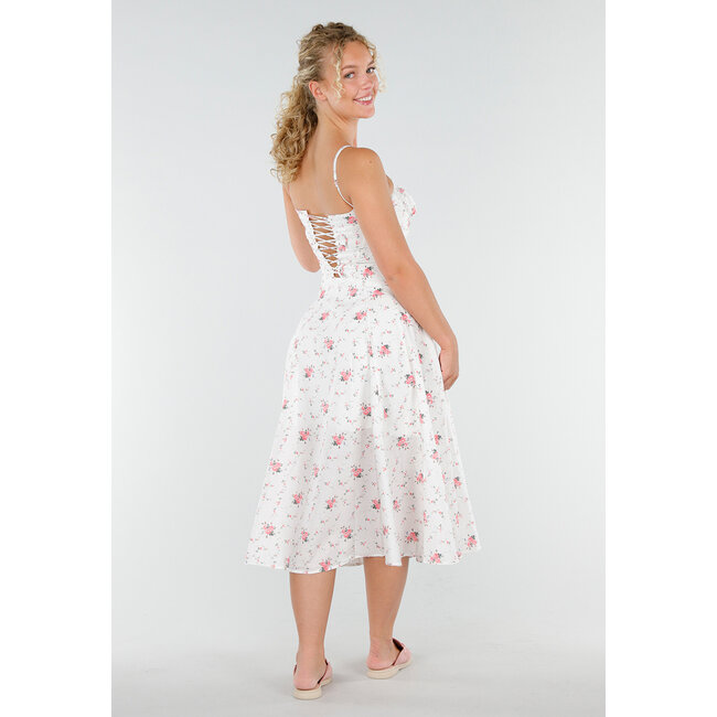 Weißes Midikleid mit Blumendruck und Korsettverzierung