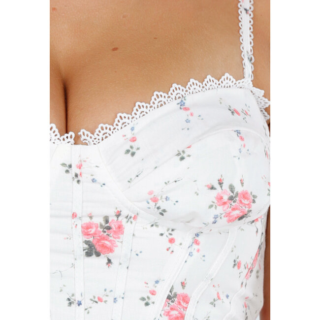 Weißes Midikleid mit Blumendruck und Korsettverzierung
