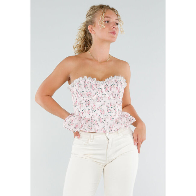 Rosa trägerloses Korsett-Top mit Blumendruck und Spitze
