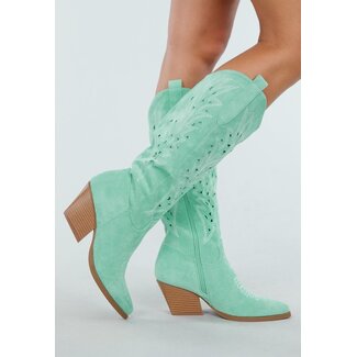 Mintfarbene Cowboystiefel in Wildlederoptik