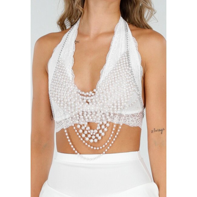 Weiße Perlenkette Bodychain mit baumelnder Schließe