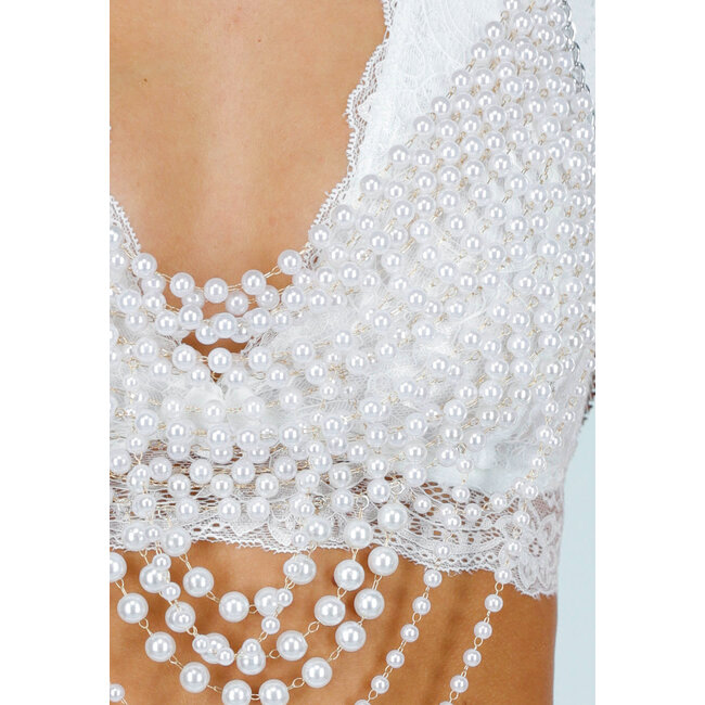 Weiße Perlenkette Bodychain mit baumelnder Schließe