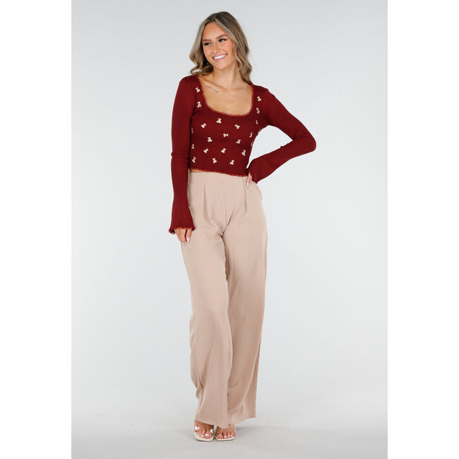 Bordeauxfarbenes Stretch-Ripp-Top mit Teddybären und quadratischem Ausschnitt