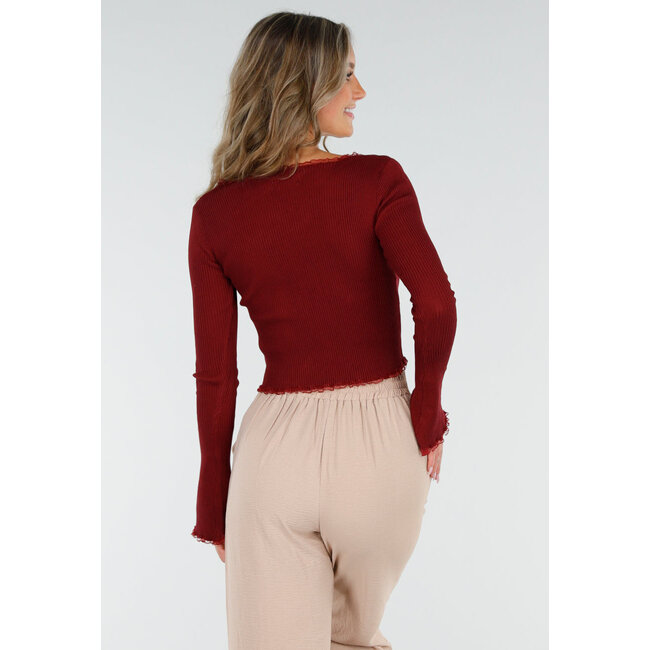 Bordeauxfarbenes Stretch-Ripp-Top mit Teddybären und quadratischem Ausschnitt