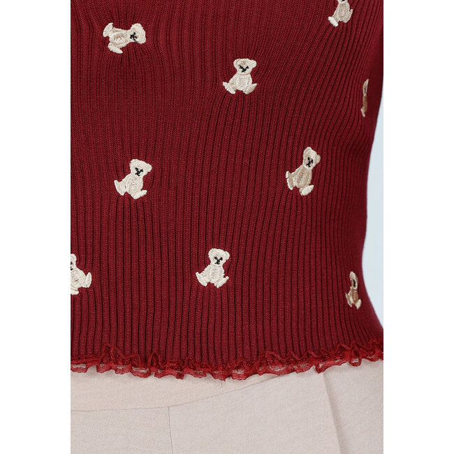 Bordeauxfarbenes Stretch-Ripp-Top mit Teddybären und quadratischem Ausschnitt