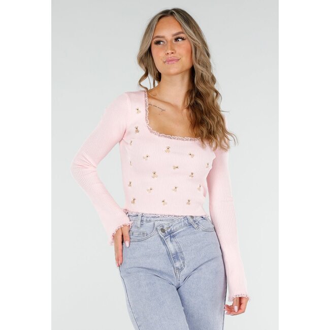 Rosa Stretch-Ripp-Top mit Teddybären und quadratischem Ausschnitt