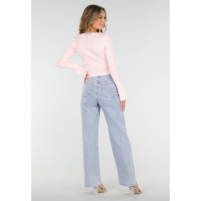 Rosa Stretch-Ripp-Top mit Teddybären und quadratischem Ausschnitt