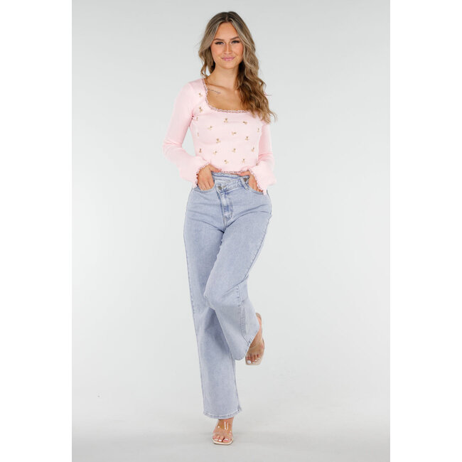 Rosa Stretch-Ripp-Top mit Teddybären und quadratischem Ausschnitt