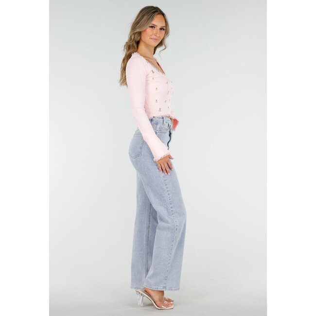 Rosa Stretch-Ripp-Top mit Teddybären und quadratischem Ausschnitt