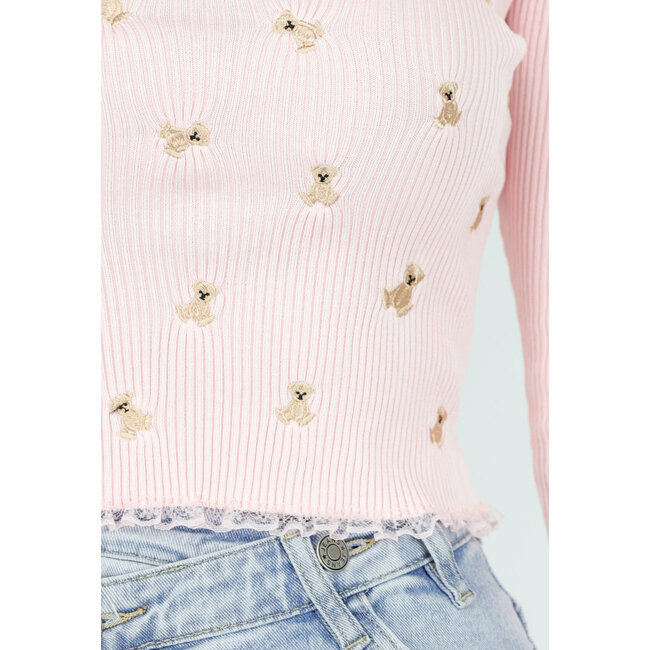 Rosa Stretch-Ripp-Top mit Teddybären und quadratischem Ausschnitt