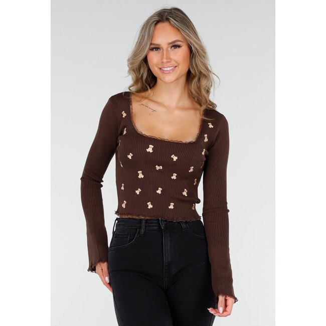 Braunes Stretch-Ripp-Top mit Teddybären und quadratischem Ausschnitt