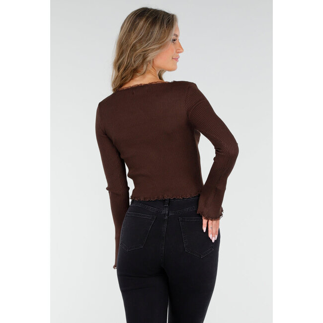 Braunes Stretch-Ripp-Top mit Teddybären und quadratischem Ausschnitt