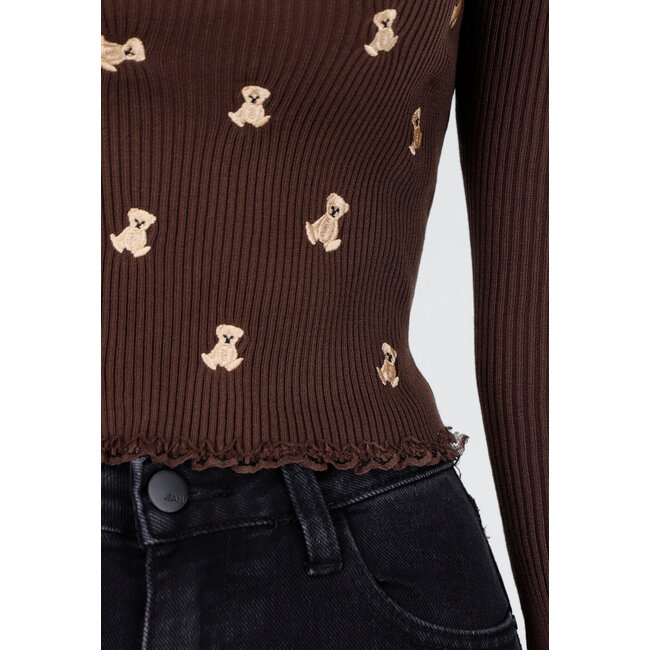 Braunes Stretch-Ripp-Top mit Teddybären und quadratischem Ausschnitt