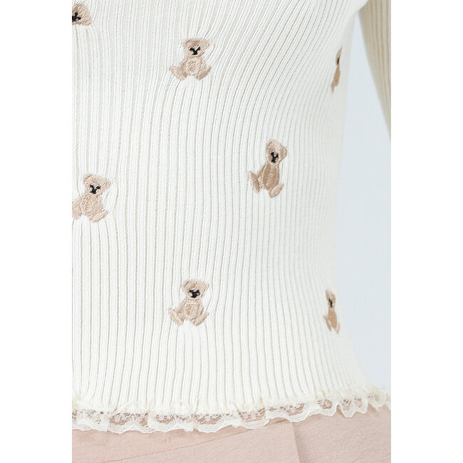 Cremefarbenes Ripp-Top mit Teddybären und quadratischem Ausschnitt