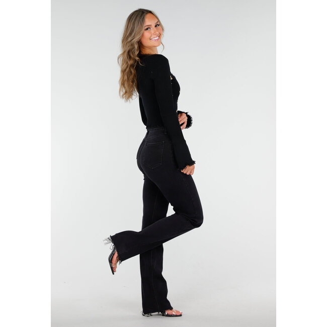 Schwarzes Rippen-Top mit Teddybären und quadratischem Ausschnitt