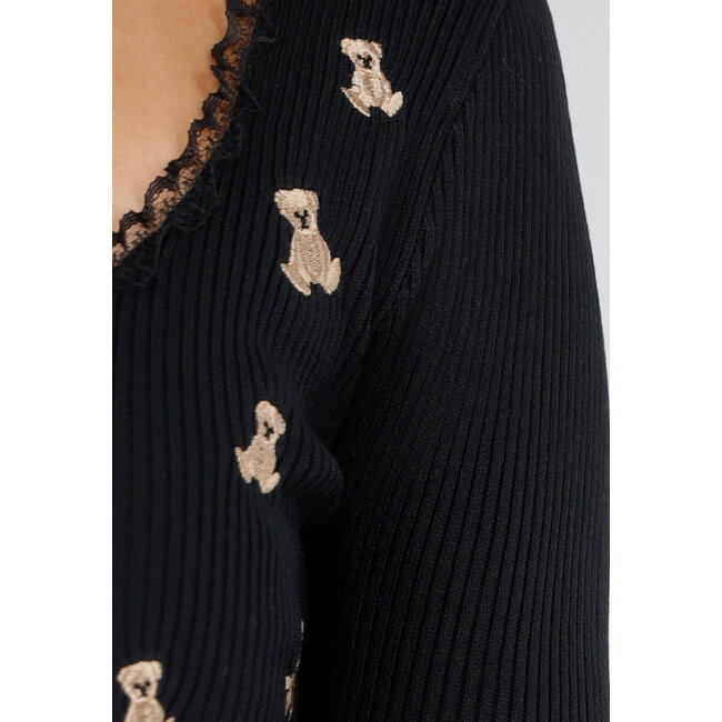 Schwarzes Rippen-Top mit Teddybären und quadratischem Ausschnitt