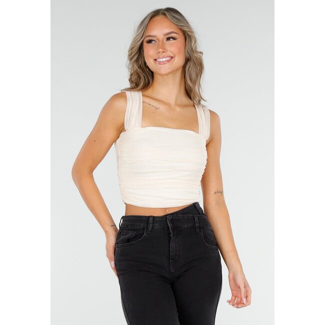 Hellbeiges schulterfreies Mesh-Top