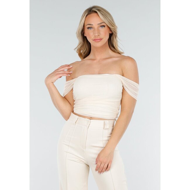 Hellbeiges schulterfreies Mesh-Top mit Stretch- und Drapierungseffekt