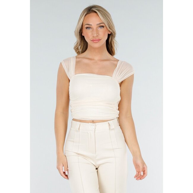 Hellbeiges schulterfreies Mesh-Top mit Stretch- und Drapierungseffekt