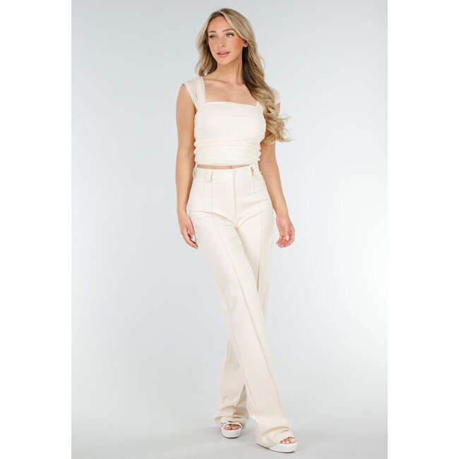 Hellbeiges schulterfreies Mesh-Top mit Stretch- und Drapierungseffekt