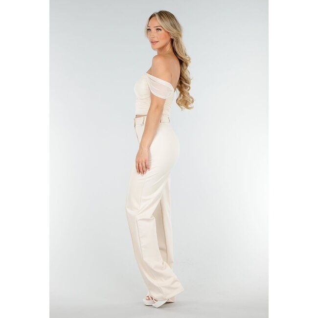 Hellbeiges schulterfreies Mesh-Top mit Stretch- und Drapierungseffekt